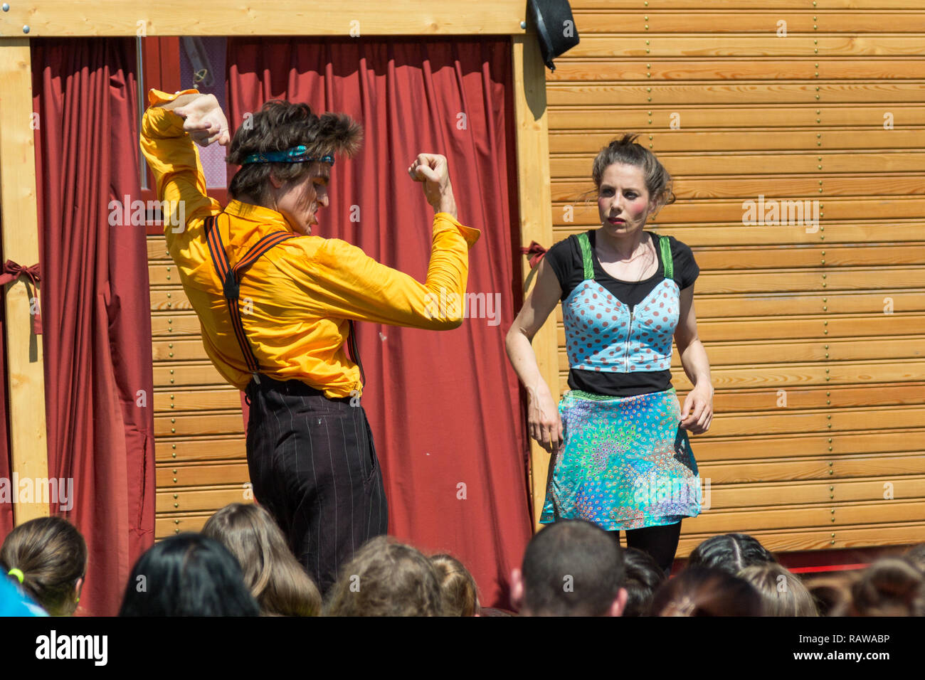 Traveling pantomime company called `Tarkabarka` show in Sopron, Hungary on May 27th 2017. Expressions: exhibitionist and wide-eyed Stock Photo